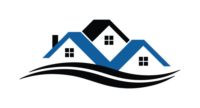 Modern house roof logo with three residential homes and flowing landscape lines, vector illustration representing real estate, property development, home construction, roofing services, architecture, 