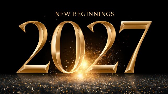 Golden 2027 New Beginnings with Sparkles on Dark Background