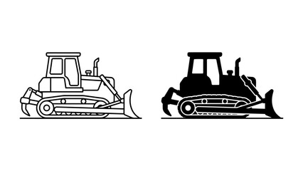 Bulldozer Icon: A classic bulldozer depicted in both a line drawing and silhouette, showcasing its robust design and heavy-duty construction. © sanjida