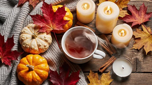 Autumn flat lay with pumpkins and tea