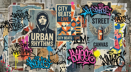 Urban street art background with graffiti and city posters © S.Siam