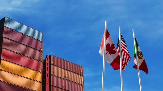 International trade and logistics concept with shipping cargo containers and waving flags of Canada, United States and Mexico under blue sky. USMCA North American free trade agreement.
