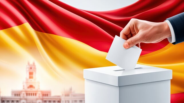 Casting a Vote in German Election with Flag and Government Building