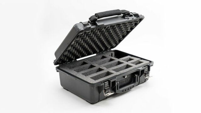 Durable black protective equipment case with open lid and foam