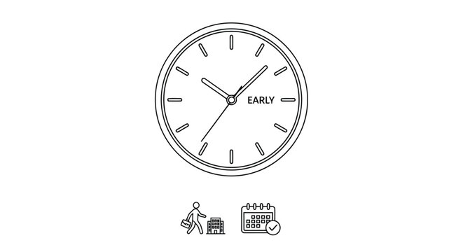 Outline of a Clock with the Word EARLY and Icons for Work and Calendar Keywords: clock, time, early, morning, schedule, appointment, deadline, punctuality