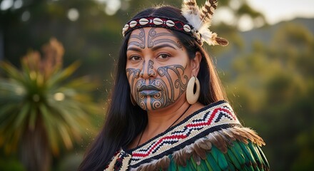 Obraz premium Indigenous Person with Traditional Face Paint Standing in Natural Outdoor Setting