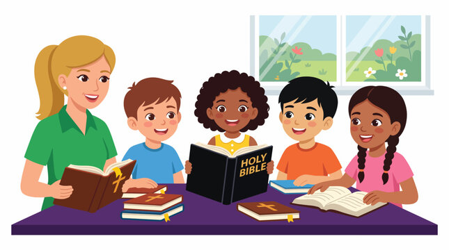 A vibrant scene of children gathered around a teacher, eagerly reading the Bible together, representing community, learning, and spirituality in a warm, optimistic atmosphere.