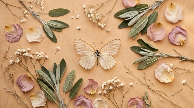 Vintage botanical flat lay with butterfly, dried rose petals and sage leaves on kraft paper, elegant floral background for wedding invitation