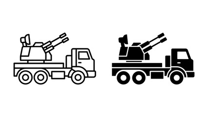 Anti-aircraft Truck Icon: A stylized icon depicting a truck equipped with an anti-aircraft gun, presented in both outline and solid black silhouette forms for versatile graphic design use. © has
