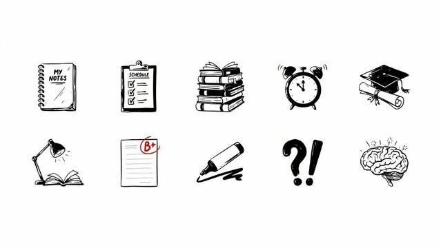 Hand drawn collection of black and white education themed icons