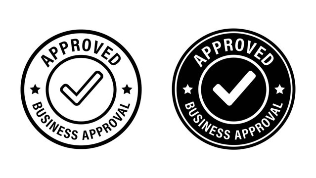 Approved Business Seal: Two stylized circular seals, one in black and white and the other in outline, both featuring a prominent checkmark and the text Approved Business Approval.