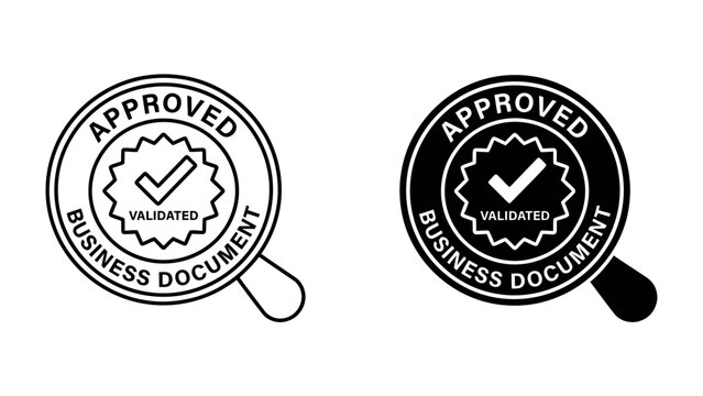 Approved Business Document Stamp: Two distinct stamps, one in outline and one in solid black, signify an officially approved business document, assuring validity and verification.
