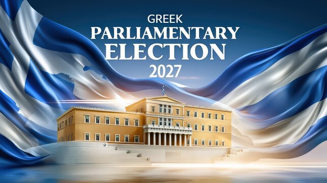 Greek Parliament Building and Flags for Parliamentary Election 2027