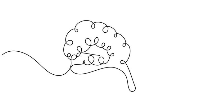 Modern human brain scribble continuous one line drawing on white background minimalist single art psychology of memory and mental health animation video