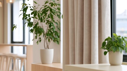 Fototapeta premium Soft beige curtains frame a window beside potted green plants on light wooden surfaces inside a bright modern interior space