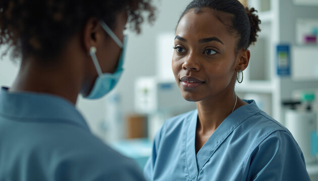 Healthcare professionals communicating in blue scrubs during consultation. The medical team discusses patient care in a clinical setting, showcasing professionalism and teamwork in healthcare.