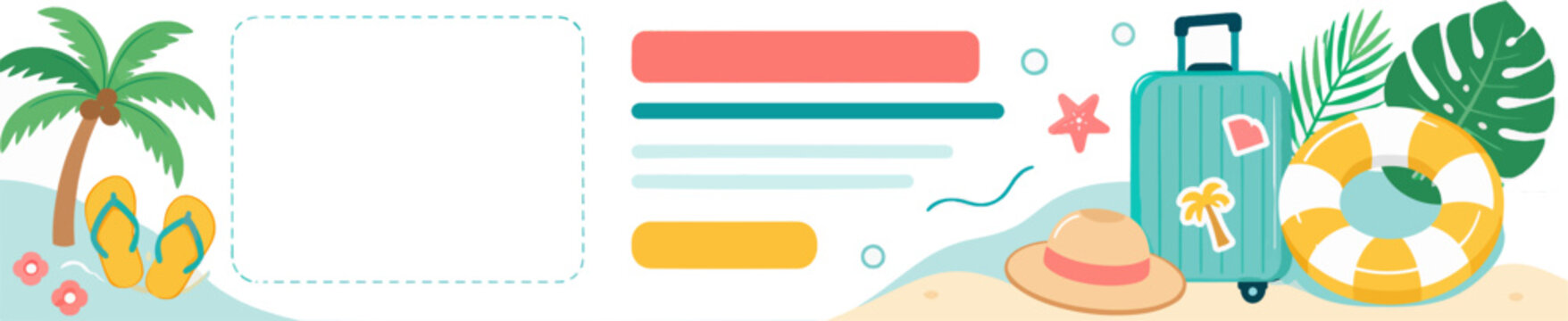 Summer vacation travel banner with tropical elements and space for text.