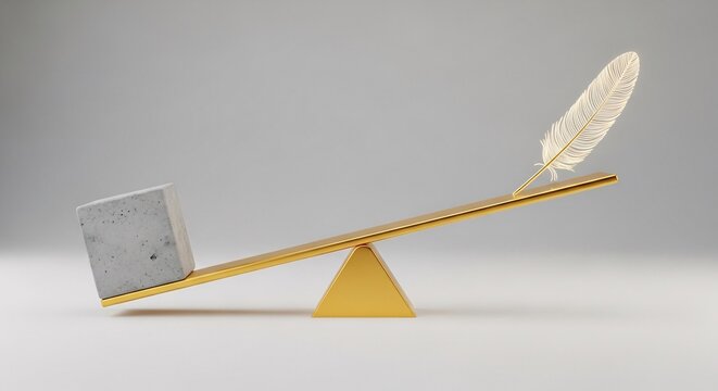heavy concrete cube and light golden feather on gold seesaw scale, 3d conceptual illustration of weight difference imbalance opposite comparison and physics lever on light gray background