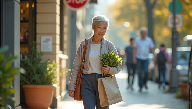 Senior woman walking with grocery bag in city street, carrying fresh plants and enjoying autumn day. Senior woman shopping for plants reflects vibrant urban lifestyle. Concept of grocery shopping.