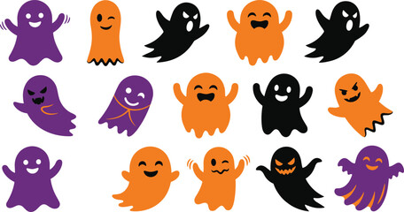 Naklejka premium Fifteen Cartoon Halloween Ghost Illustrations in Black Orange and Purple with Playful Expressions for Seasonal Festive Artwork