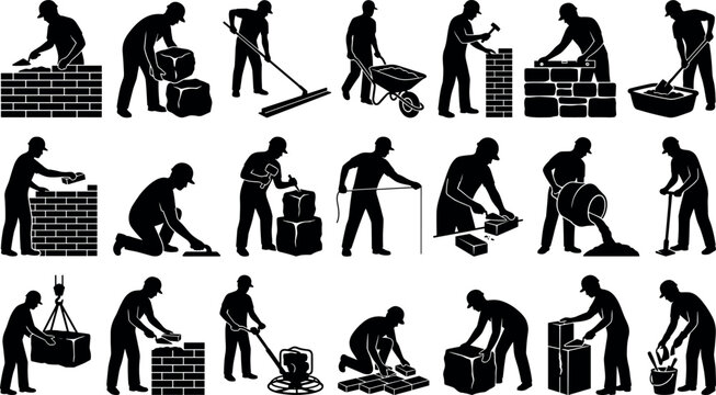 Masonry workers and bricklayers silhouette icons construction vector collection
