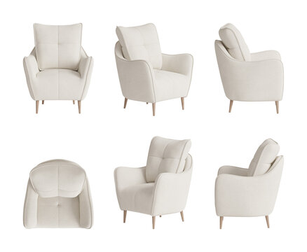 Scandinavian contemporary accent chair with tufted cushion and wooden legs, 6-position furniture asset presentation. 3d render