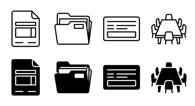 Monochrome office icons: documents, folders, ids, and conference table