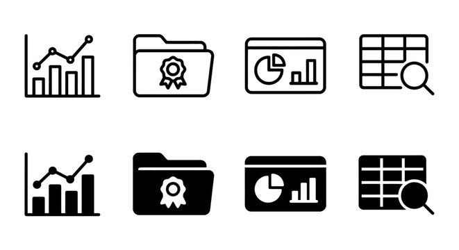 Data analysis icons: graphs, folders, charts, and tables in black and white