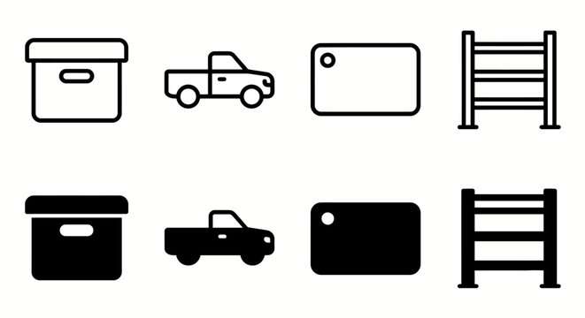 Set of minimalist box, car, tag, and rack icons in black and white