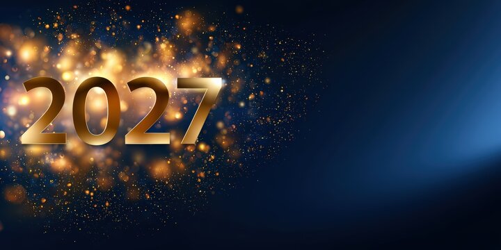Golden Number 2027 with Bokeh Lights on Dark Blue Background