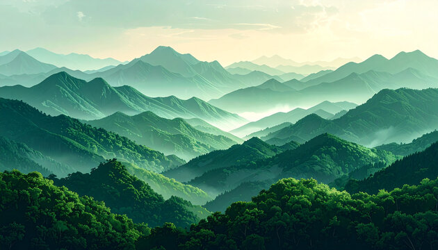 Lush green mountain range layered with mist under soft sky