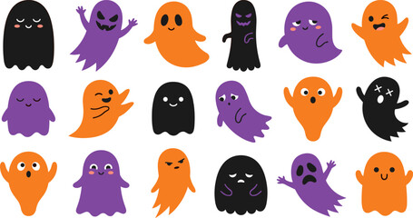Fototapeta premium Playful Halloween Cartoon Ghost Characters in Black Orange and Purple with Fun Expressions for Seasonal Design Projects