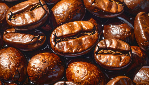 Macro photograph of glossy roasted coffee beans top view