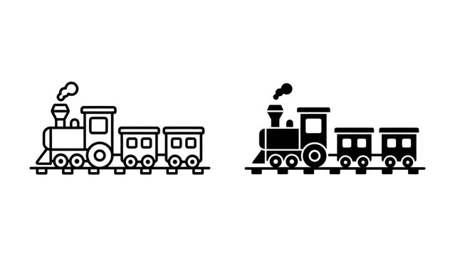 Vintage Train Icon Set: A pair of charming train icons, one outlined and one solid black, depict a classic locomotive pulling two carriages, perfect for representing travel and nostalgia.