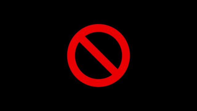 Warning, stop or no entry forbidden red circle on black background. Animation of delete, denied, ban or block icon.
