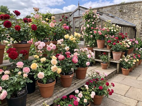 Abundant colorful rose garden in clay pots with old stone wall background, potted plants