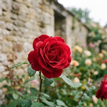 Single deep red rose flower with dew drops in a garden blooming botanical background