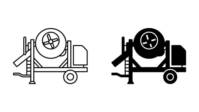 Concrete Mixer Icon Set: A set of two icons representing a concrete mixer, one in outline and one filled, showcasing industrial equipment used in construction and building.
