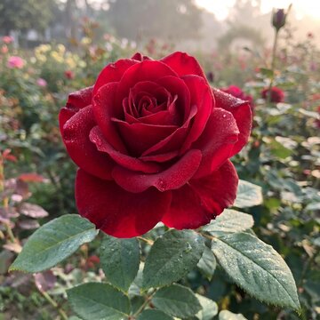 Deep red velvet rose flower blooming in a garden with morning dew drops blooming romantic