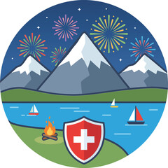 Obraz premium Switzerland National Day celebration background with majestic snowy mountains fireworks bonfire and lake round emblem design