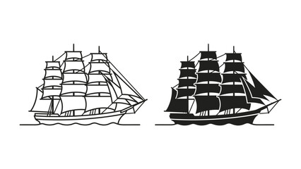 Sailing Through Time: Two majestic sailing ships, one rendered in outline and the other in silhouette, glide across the ocean waves, evoking a sense of historical adventure and maritime exploration. © Hasnani