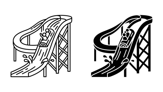 Water Slide Thrills: Two stylized illustrations of a log flume water ride, depicting a log-shaped boat descending a steep drop with splashing water, representing fun and excitement.