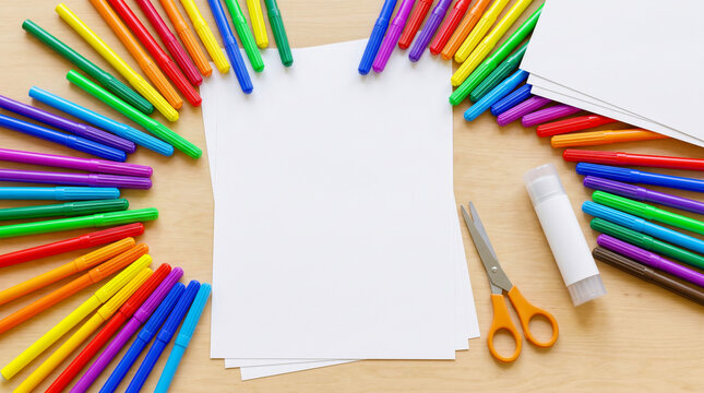 Blank white paper sheets surrounded by colorful felt tip pens and school supplies.