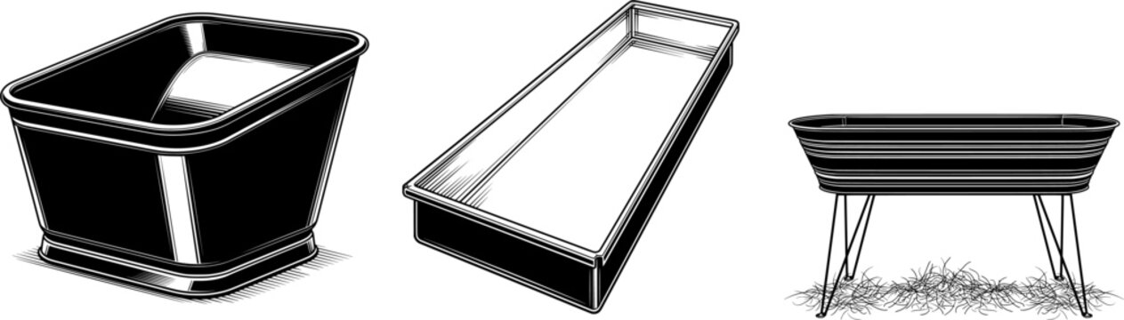 A sleek black metal feed trough in a minimalist 2D flat vector style with a white background is depicted