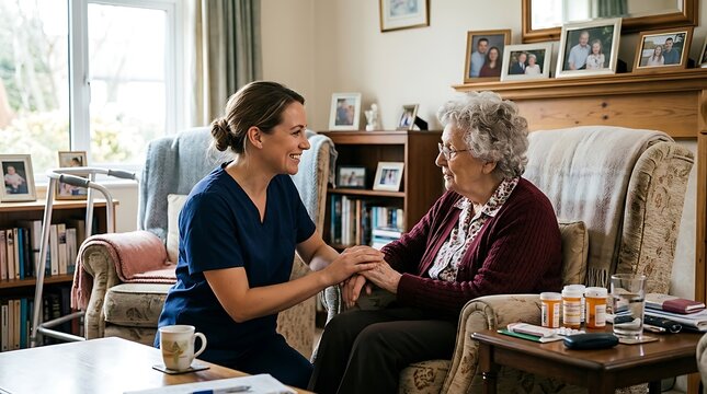 Home healthcare young nurse comforts senior woman during in home visit