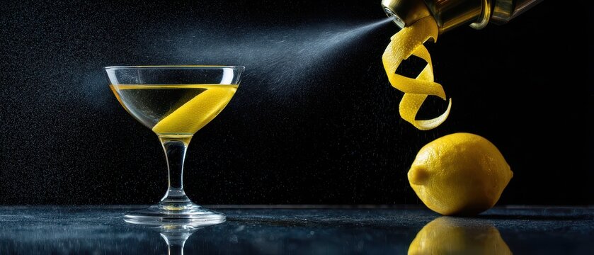 lemon being squeezed into a cocktail glass featuring drink