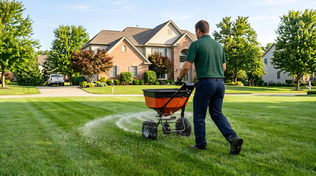 Professional Landscaper Applying Fertilizer with Broadcast Spreader on Lush Green Lawn | Residential Lawn Care Maintenance for Suburban Home | Outdoor Gardening Service | Healthy Grass Fertilization