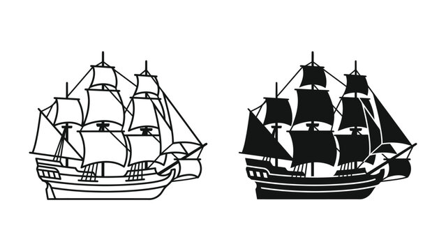 Tall Ship Silhouette: Two distinct silhouettes of a classic tall ship, one in outline and the other in solid black, showcase the majestic maritime vessel in its full glory.