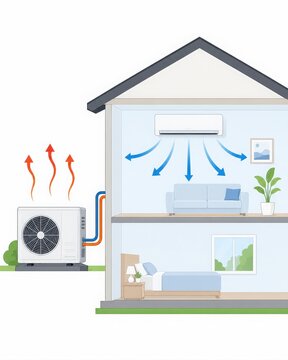 Split Air Conditioner and Heat Pump Diagram with Cool Air Flow in Home Interior