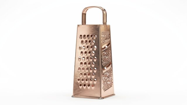 Elegant rose gold kitchen grater standing on a white background